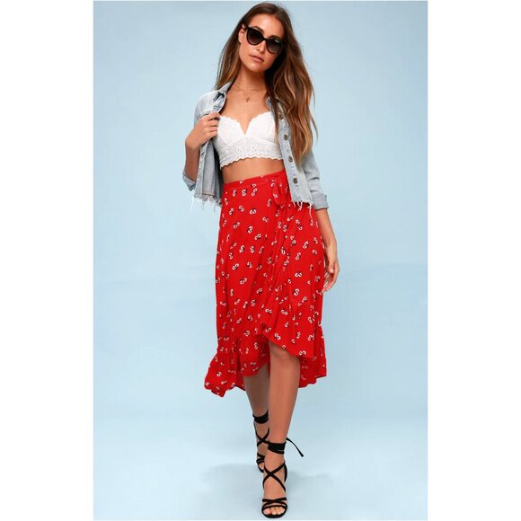 BILLABONG "Dancing Til Dawn Red" Floral Print Midi Wrap Boho Beach Skirt M - Picture 10 of 14